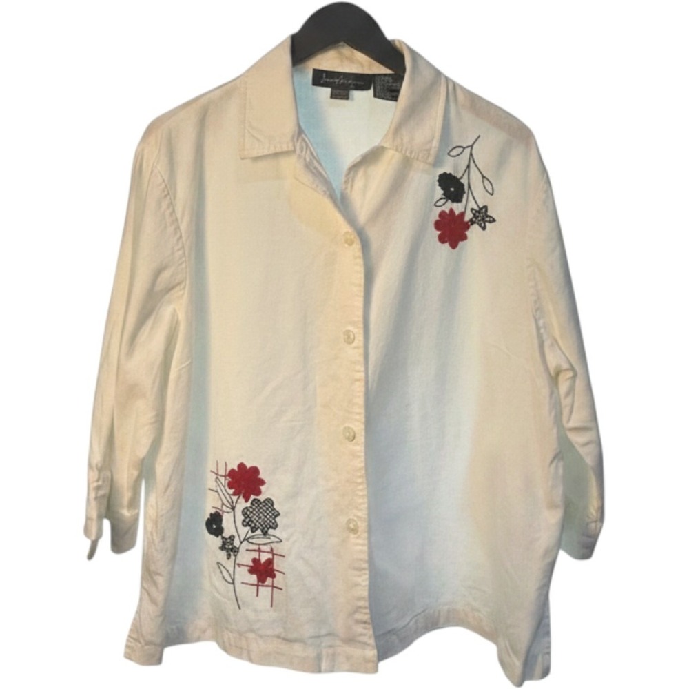 White Linen Blend Floral Embroidered Roll Tab Shirt Womens 1X Cottagecore